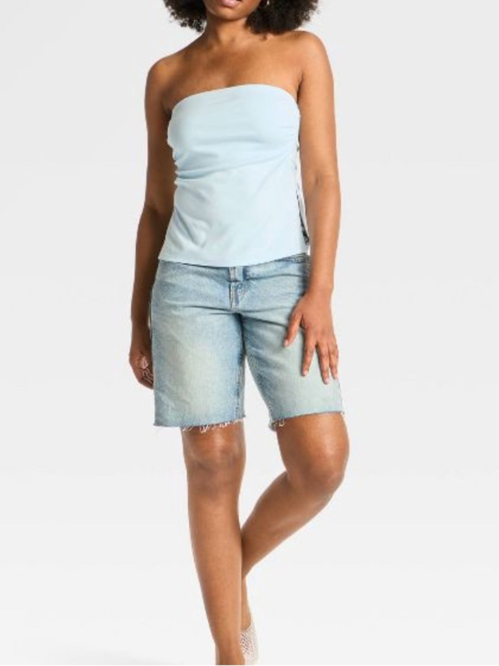 Strapless Split Hem Light Blue Tube Top - Picture 3 of 3
